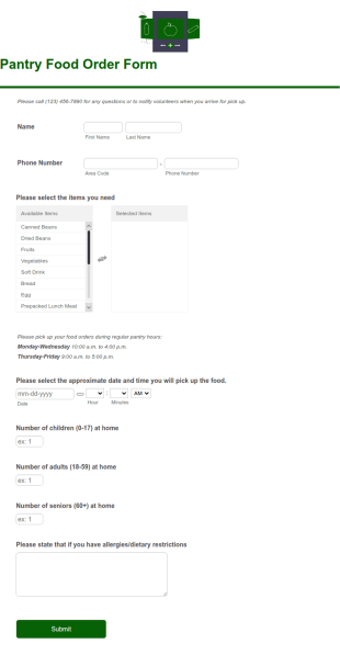 Pantry Food Order Form Template
