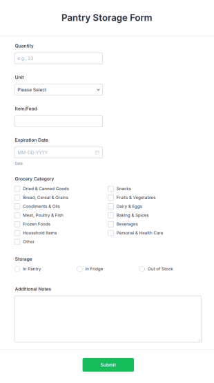 Pantry Storage Form Template