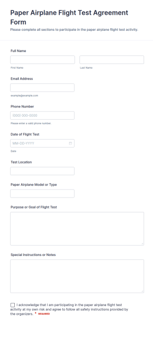 Paper Airplane Flight Test Agreement Form Template