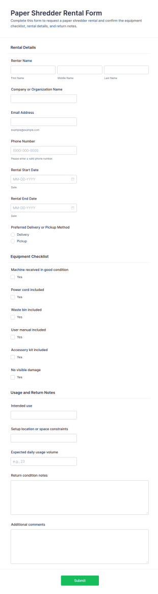 Paper Shredder Rental Checklist Form Template