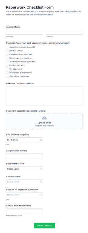 Paperwork Checklist Form Template
