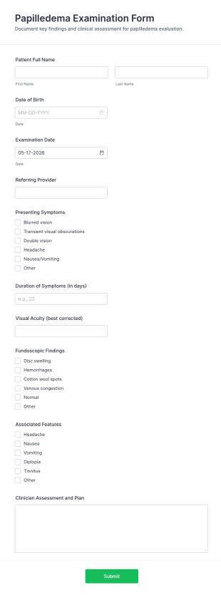 Papilledema Examination Form Template