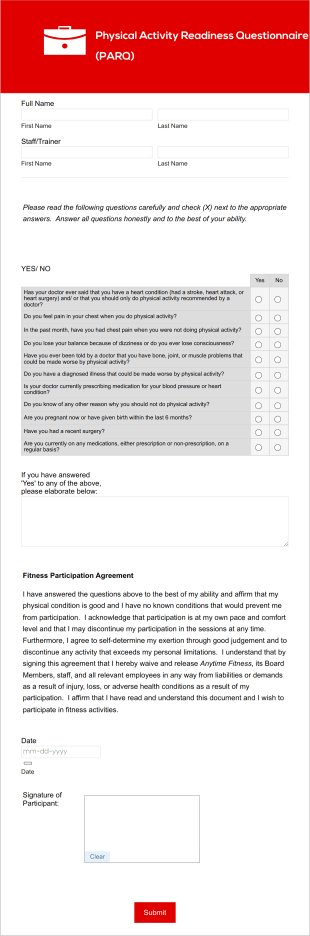 Exercise Readiness Questionnaire Form Template