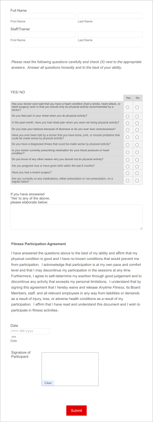 Personal Training Registration Questionnaire Form Template