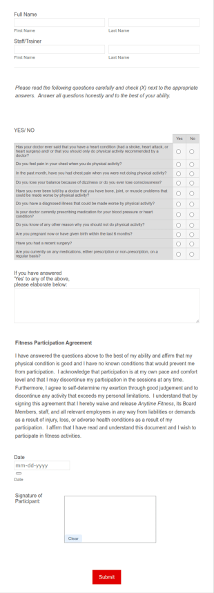 Personal Training Registration Questionnaire Form Template