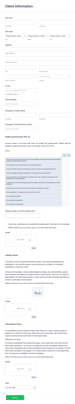 Exercise Class Participant Questionnaire Form Template