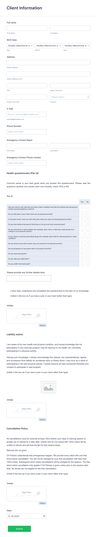 Exercise Class Participant Questionnaire Form Template