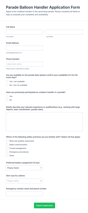 Parade Balloon Handler Application Form Template