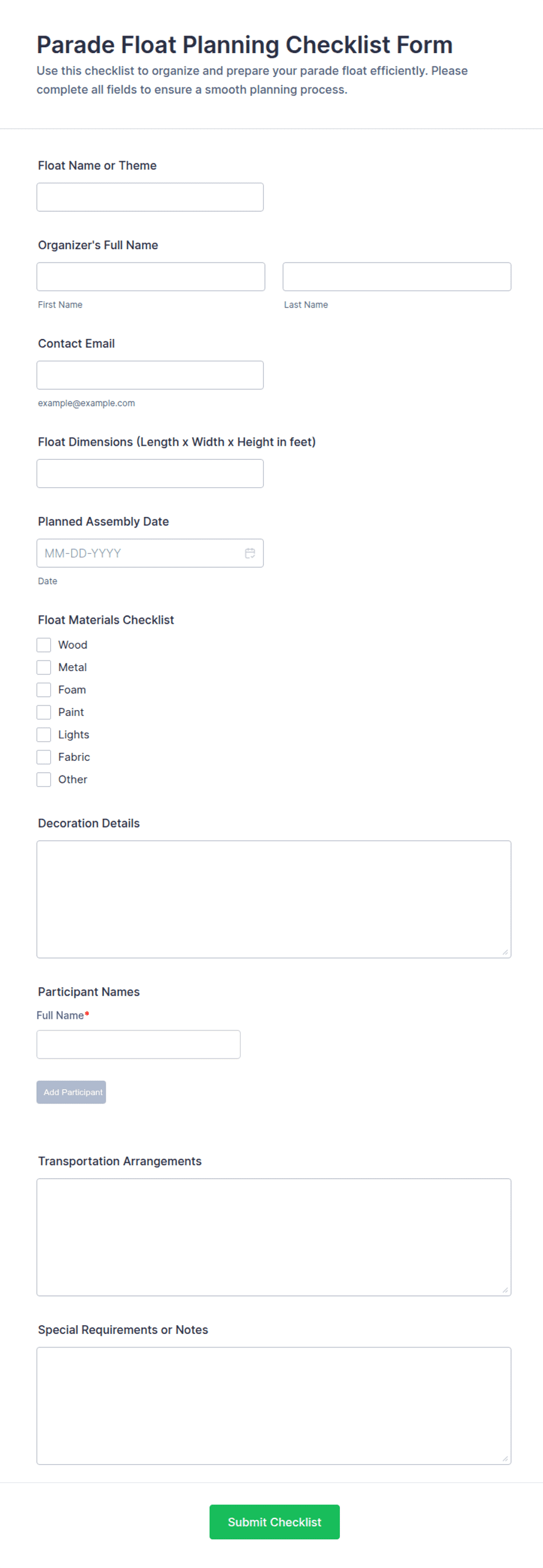 Parade Float Planning Checklist Form Template | Jotform
