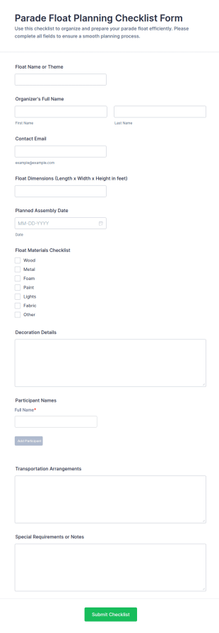 Parade Float Planning Checklist Form Template