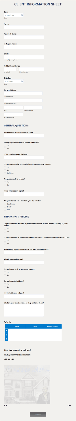 Paradigm Client Information Sheet Form Template