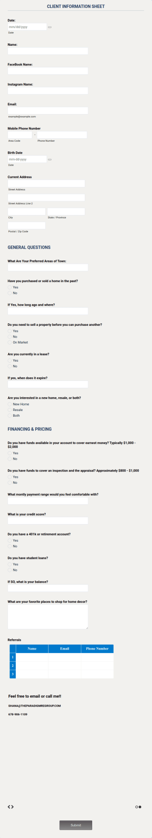 Paradigm Client Information Sheet Form Template