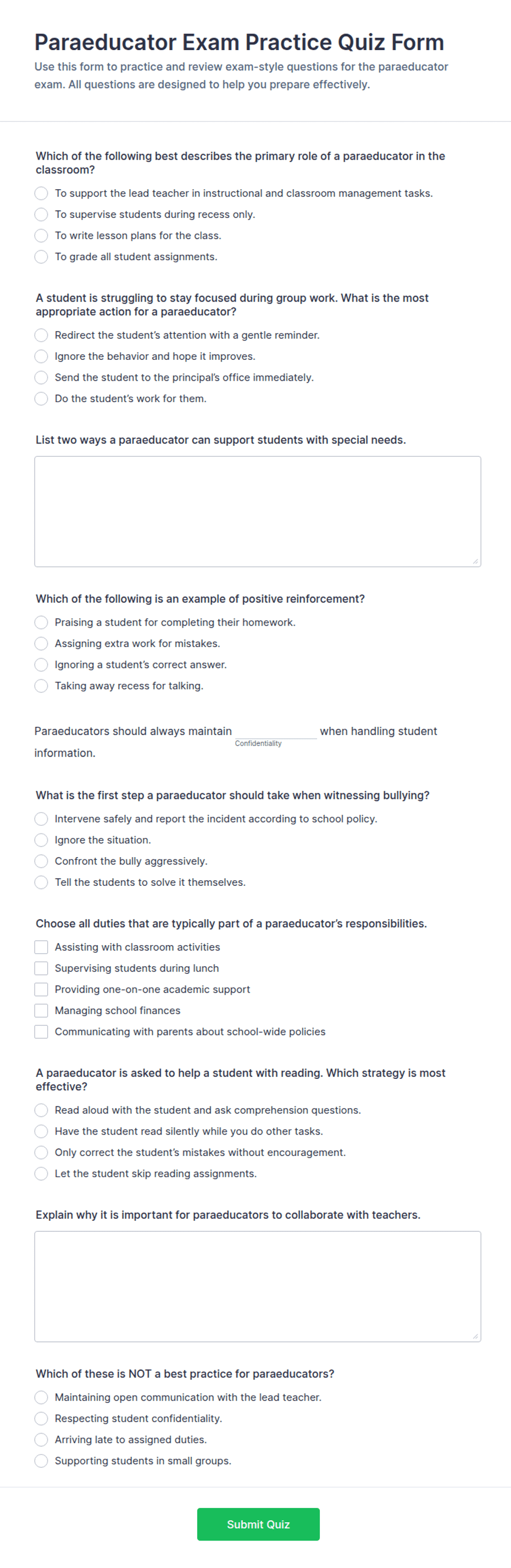 Paraeducator Exam Practice Quiz Form Template | Jotform