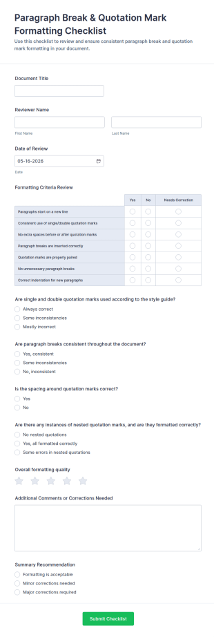 Paragraph Break & Quotation Mark Formatting Checklist Form Template