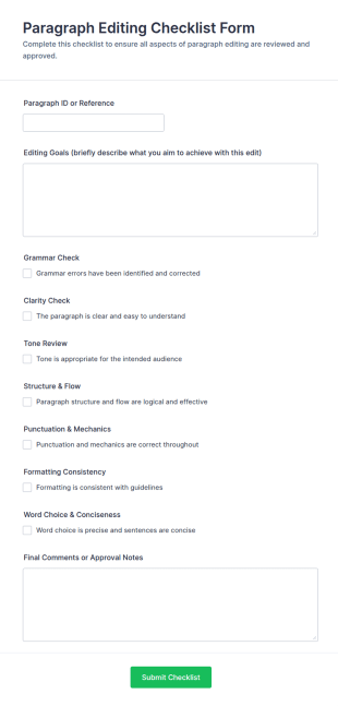 Paragraph Editing Checklist Form Template