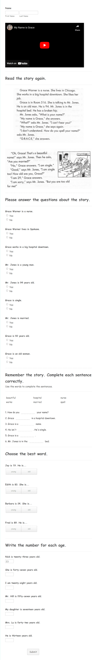 My Name Is Grace READING PRACTICE Form Template