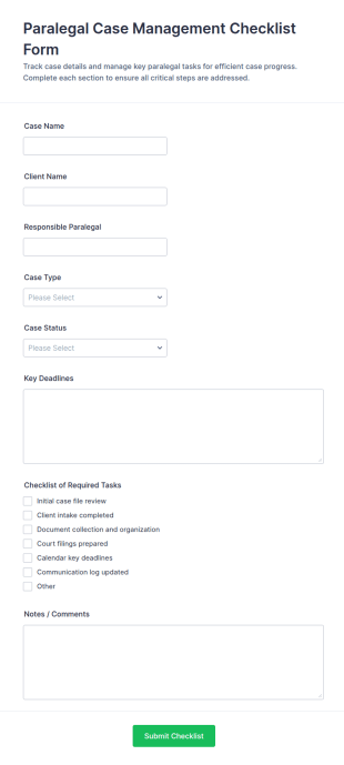 Paralegal Case Management Checklist Form Template