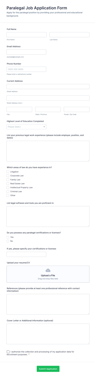 Paralegal Job Application Form Form Template