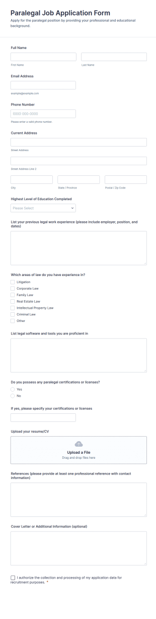 Paralegal Job Application Form Template