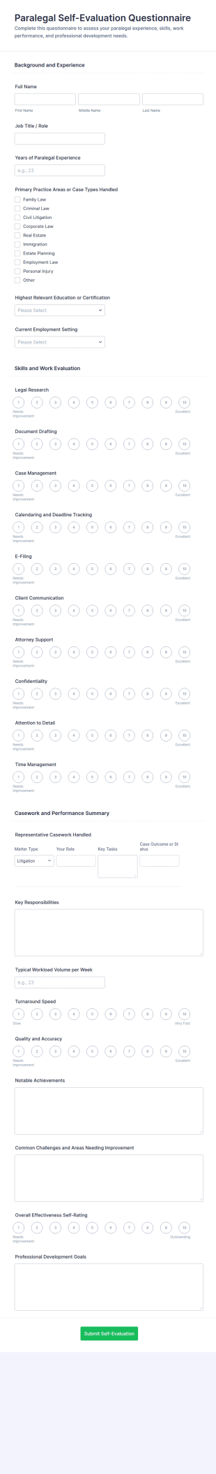 Paralegal Self Evaluation Questionnaire Form Template
