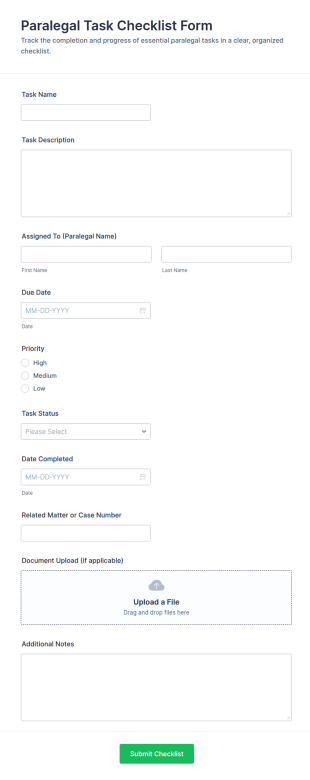 Paralegal Task Checklist Form Template