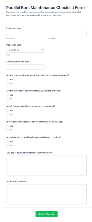 Parallel Bars Maintenance Checklist Form Template