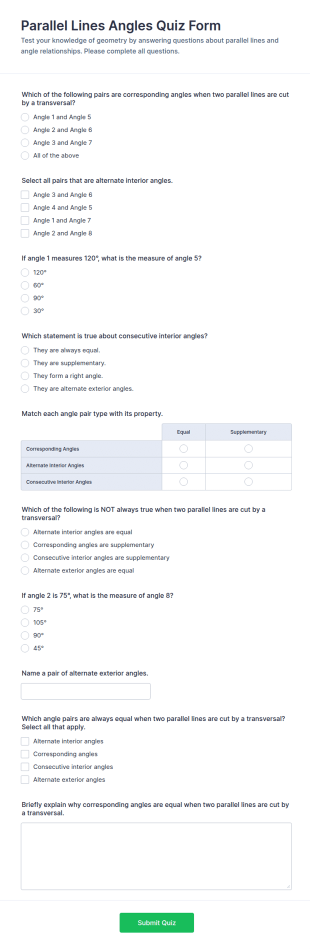 Parallel Lines Angles Quiz Form Template