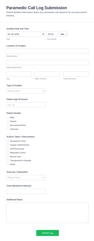 Paramedic Call Log Submission Form Template
