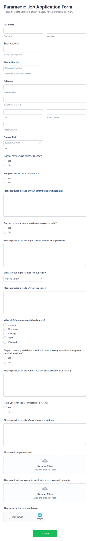 Paramedic Job Application Form Template