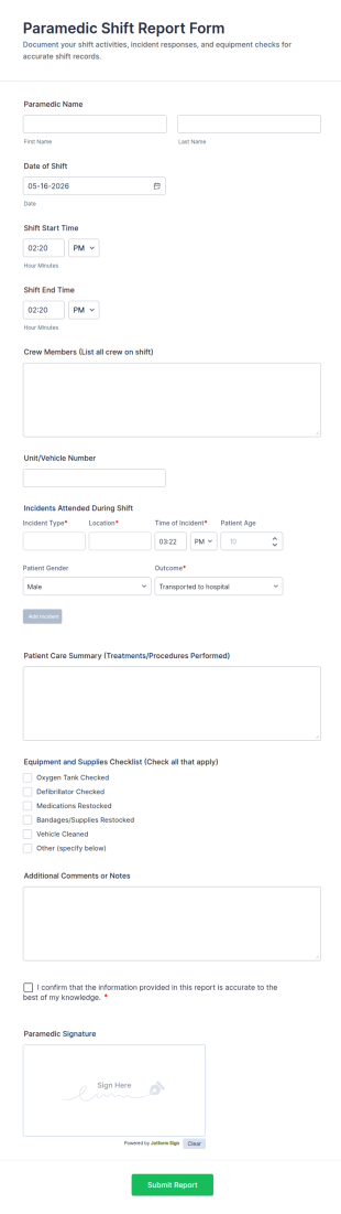 Paramedic Shift Report Form Template