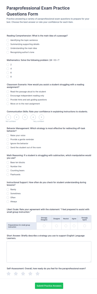 Paraprofessional Exam Practice Questions Form Template