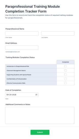 Paraprofessional Training Module Completion Tracker Form Template