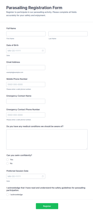 Parasailing Registration Form Template