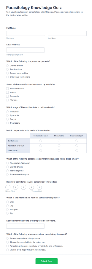 Parasitology Knowledge Quiz Form Template