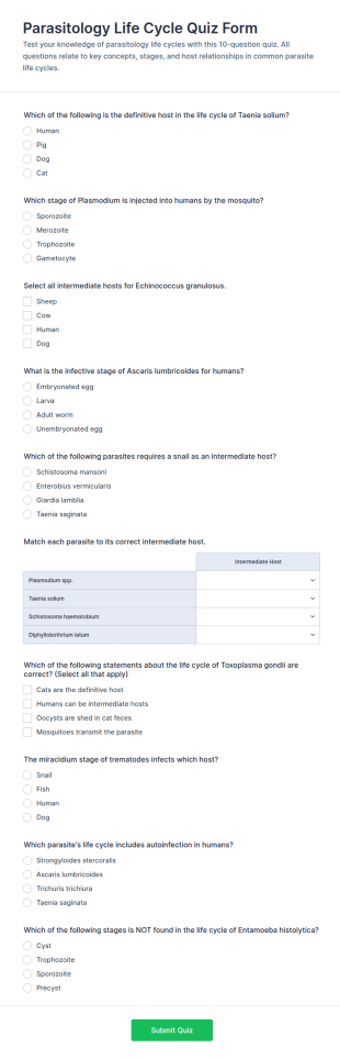 Parasitology Life Cycle Quiz Form Template