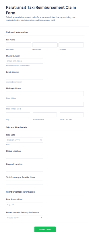 Paratransit Taxi Reimbursement Claim Form Template