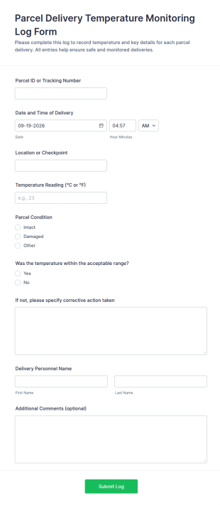Parcel Delivery Temperature Monitoring Log Form Template