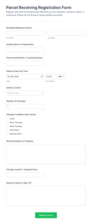 Parcel Receiving Registration Form Template