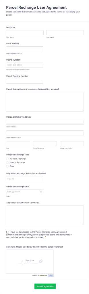 Parcel Recharge User Agreement Form Template