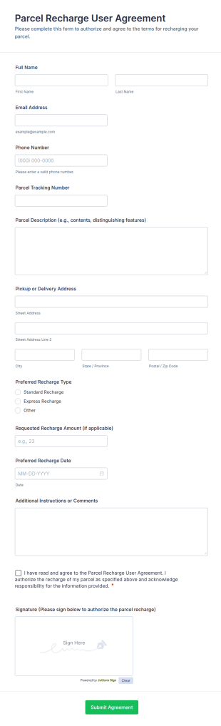 Parcel Recharge User Agreement Form Template