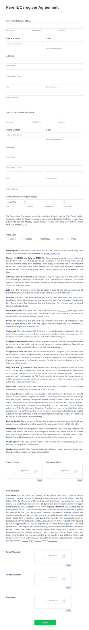 Parent Agreement Form Template