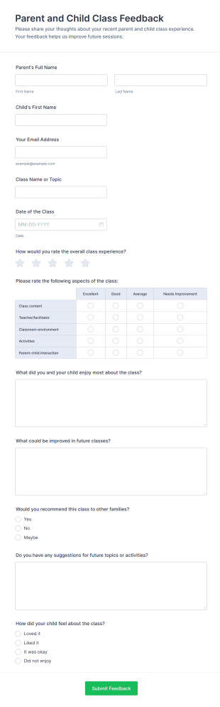 Parent And Child Class Feedback Form Template