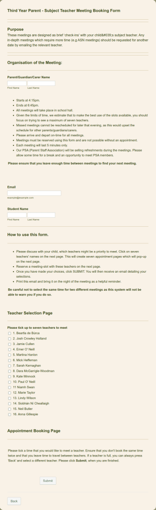 Parent And Teacher Meeting Booking Form Template