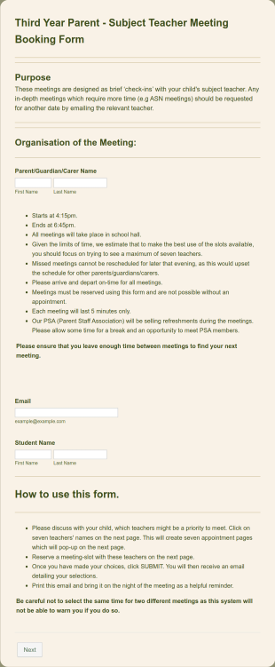 Parent And Teacher Meeting Booking Form Template