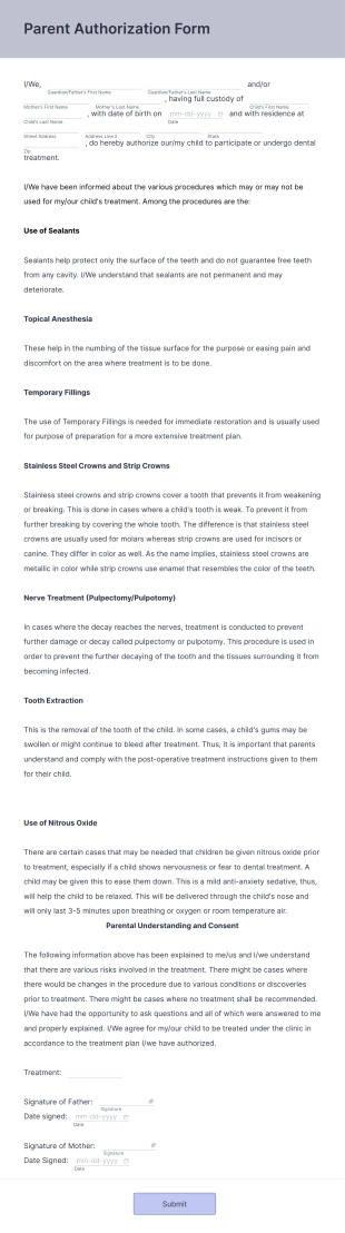 Parent Authorization Form Template