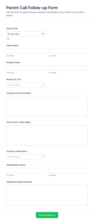 Parent Call Follow Up Form Template