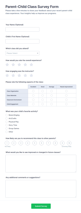 Parent Child Class Survey Form Template