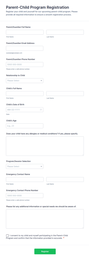 Parent Child Program Registration Form Template