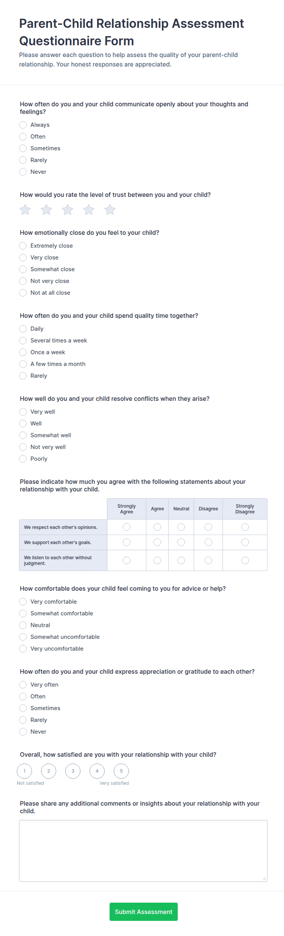 Parent-Child Relationship Assessment Questionnaire Form Template | Jotform
