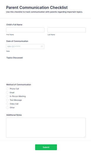 Parent Communication Checklist Form Template